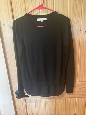 LOFT Black Crewneck Sweater with Sheer Layered Hem
